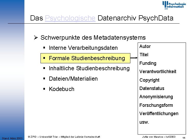 Das Psychologische Datenarchiv Psych. Data Ø Schwerpunkte des Metadatensystems § Interne Verarbeitungsdaten § Formale