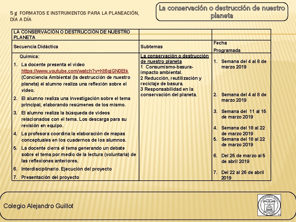 5 g FORMATOS E INSTRUMENTOS PARA LA PLANEACIÓN, DÍA A DÍA La conservación o