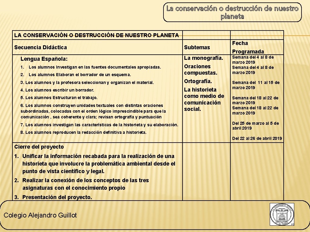 La conservación o destrucción de nuestro planeta LA CONSERVACIÓN O DESTRUCCIÓN DE NUESTRO PLANETA