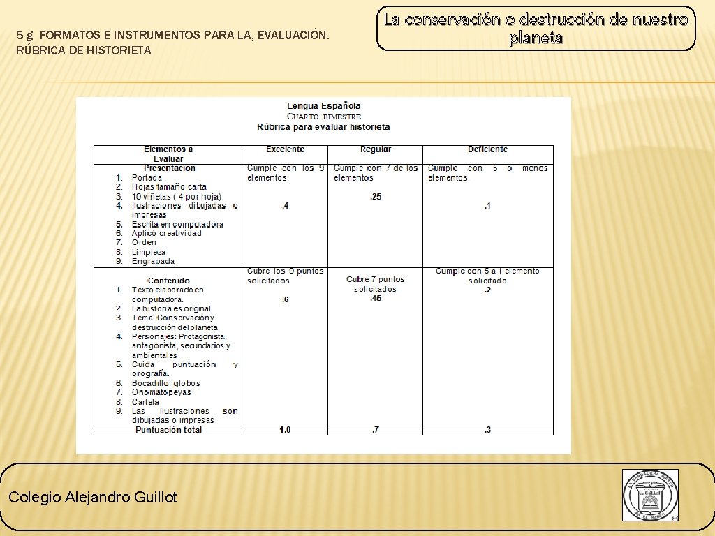 5 g FORMATOS E INSTRUMENTOS PARA LA, EVALUACIÓN. RÚBRICA DE HISTORIETA Colegio Alejandro Guillot