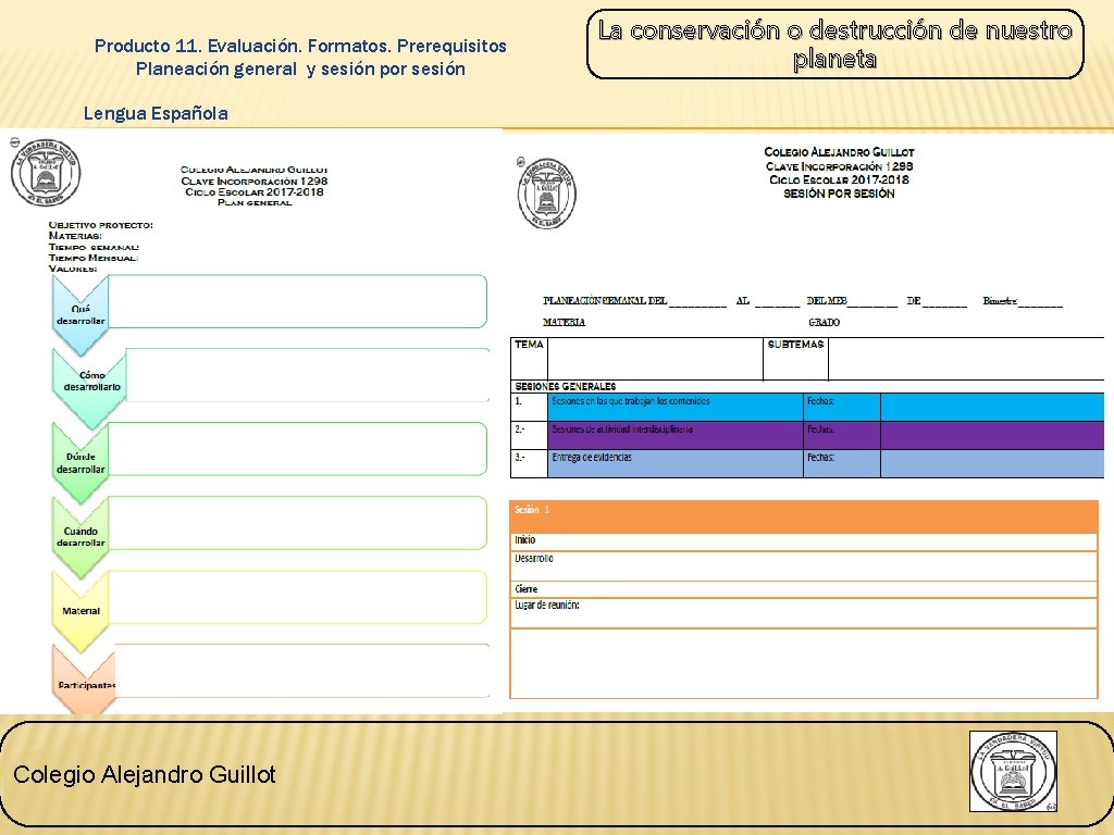 Producto 11. Evaluación. Formatos. Prerequisitos Planeación general y sesión por sesión Lengua Española Colegio