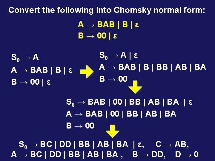 Convert the following into Chomsky normal form: A → BAB | B | ε