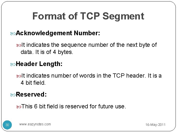 Format of TCP Segment Acknowledgement Number: It indicates the sequence number of the next