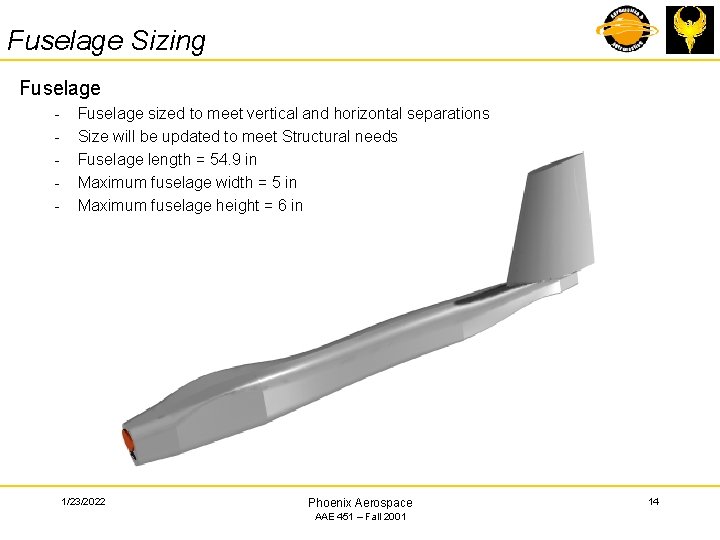Fuselage Sizing Fuselage - Fuselage sized to meet vertical and horizontal separations Size will