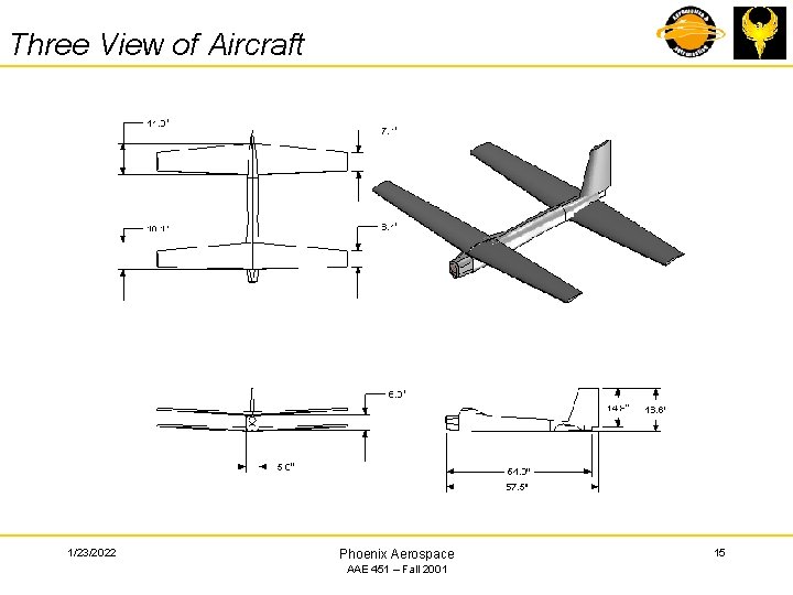 Three View of Aircraft 1/23/2022 Phoenix Aerospace AAE 451 – Fall 2001 15 