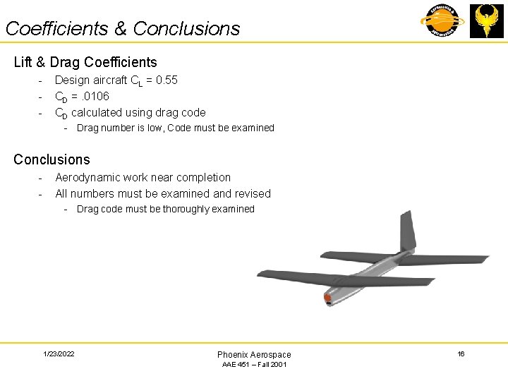 Coefficients & Conclusions Lift & Drag Coefficients - Design aircraft CL = 0. 55