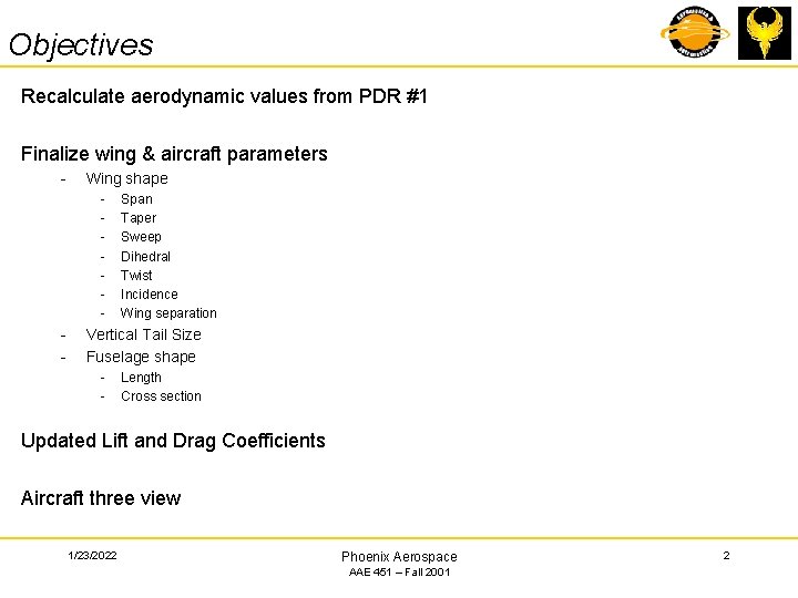 Objectives Recalculate aerodynamic values from PDR #1 Finalize wing & aircraft parameters - Wing