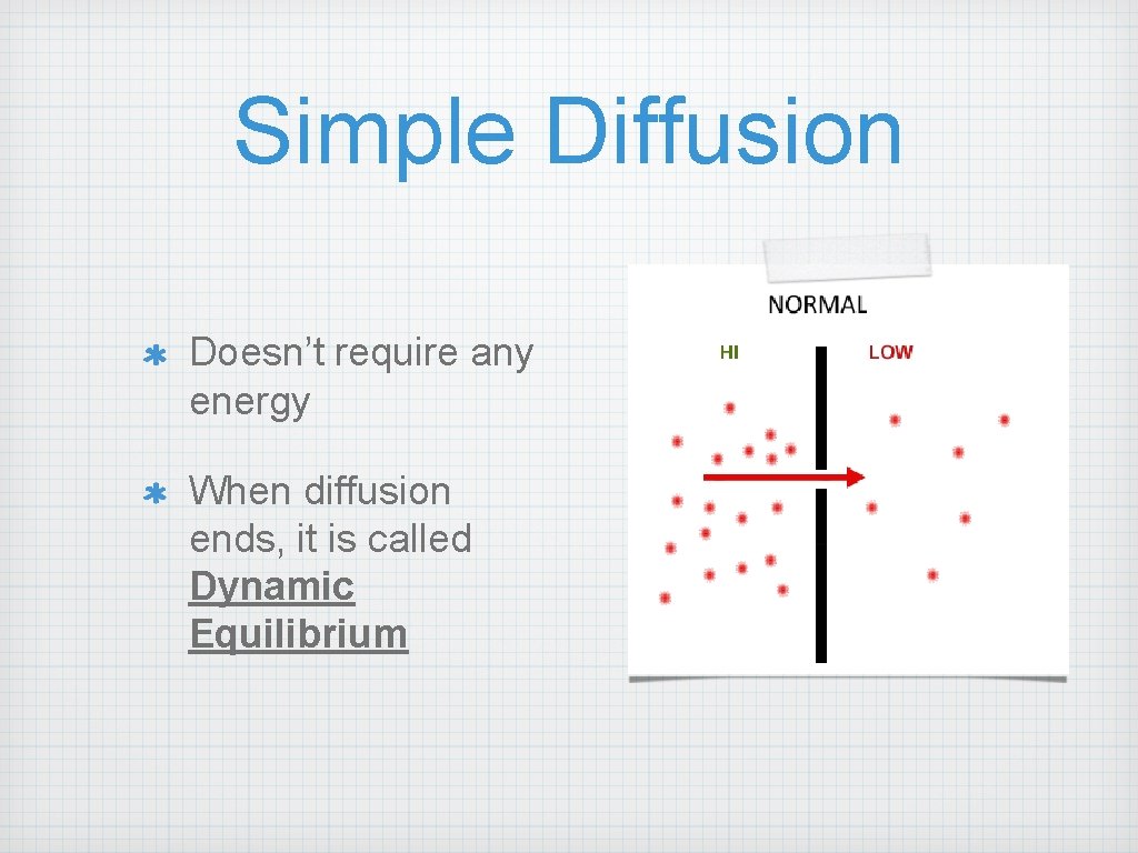 Simple Diffusion Doesn’t require any energy When diffusion ends, it is called Dynamic Equilibrium