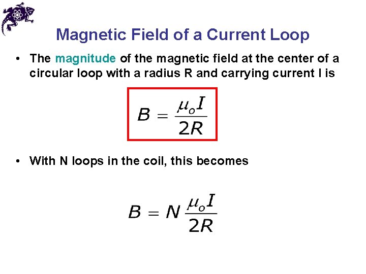 Magnetic Field of a Current Loop • The magnitude of the magnetic field at