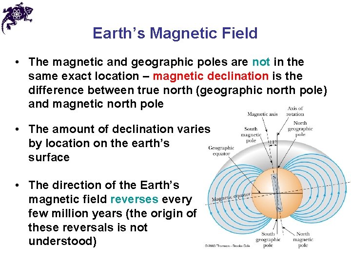 Earth’s Magnetic Field • The magnetic and geographic poles are not in the same