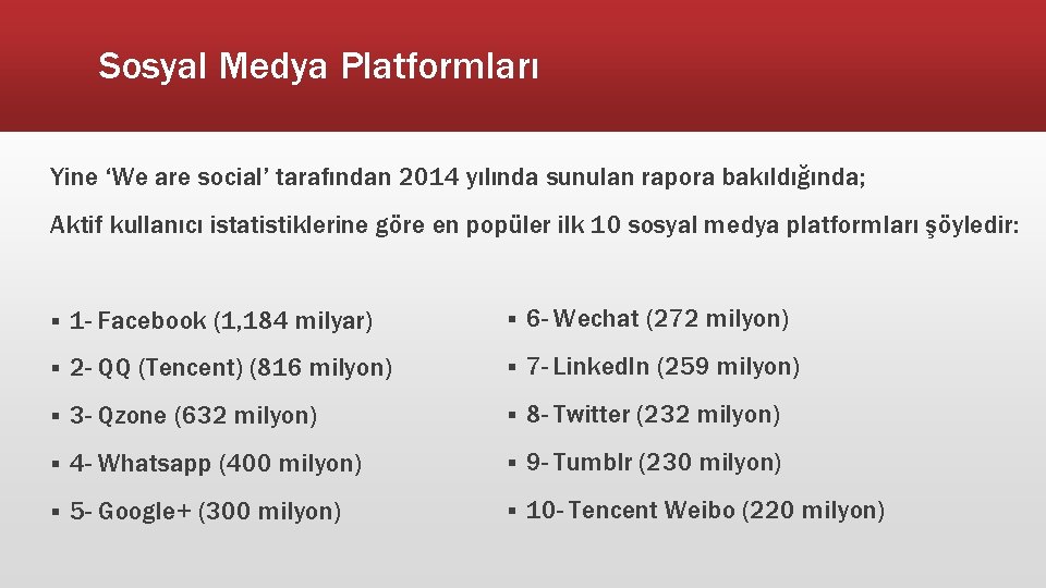 Sosyal Medya Platformları Yine ‘We are social’ tarafından 2014 yılında sunulan rapora bakıldığında; Aktif