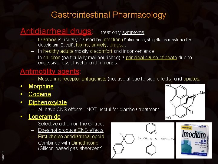 Gastrointestinal Pharmacology Antidiarrheal drugs: treat only symptoms! – Diarrhea is usually caused by infection Gastrointestinal Pharmacology Antidiarrheal drugs: treat only symptoms! – Diarrhea is usually caused by infection