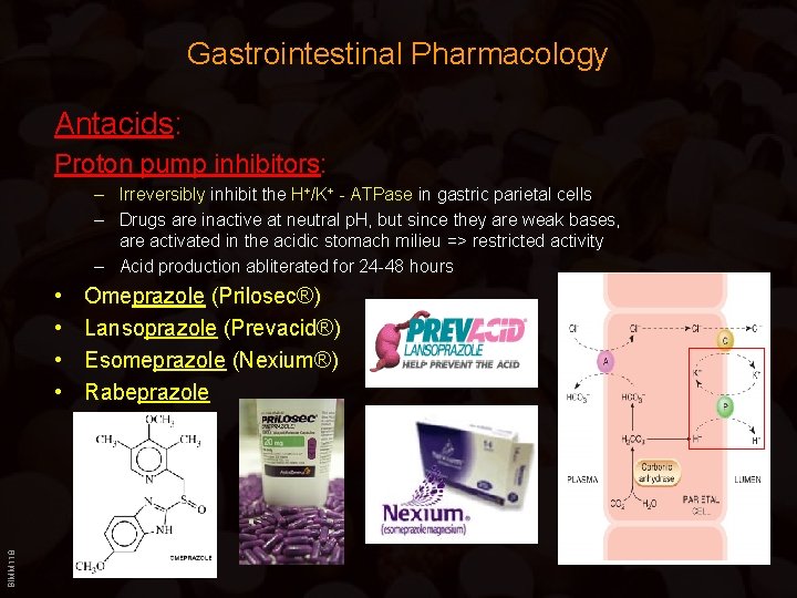 Gastrointestinal Pharmacology Antacids: Proton pump inhibitors: – Irreversibly inhibit the H+/K+ - ATPase in Gastrointestinal Pharmacology Antacids: Proton pump inhibitors: – Irreversibly inhibit the H+/K+ - ATPase in