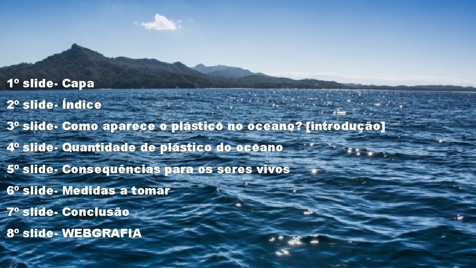 1º slide- Capa 2º slide- Índice 3º slide- Como aparece o plástico no oceano?