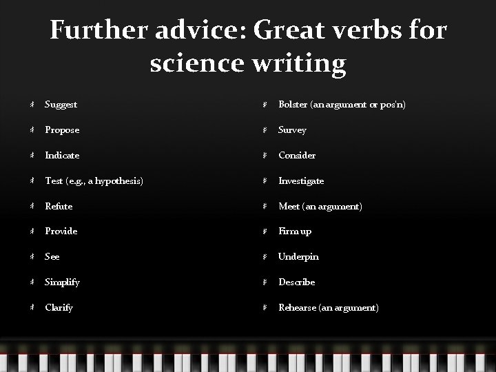 Further advice: Great verbs for science writing Suggest Bolster (an argument or pos’n) Propose