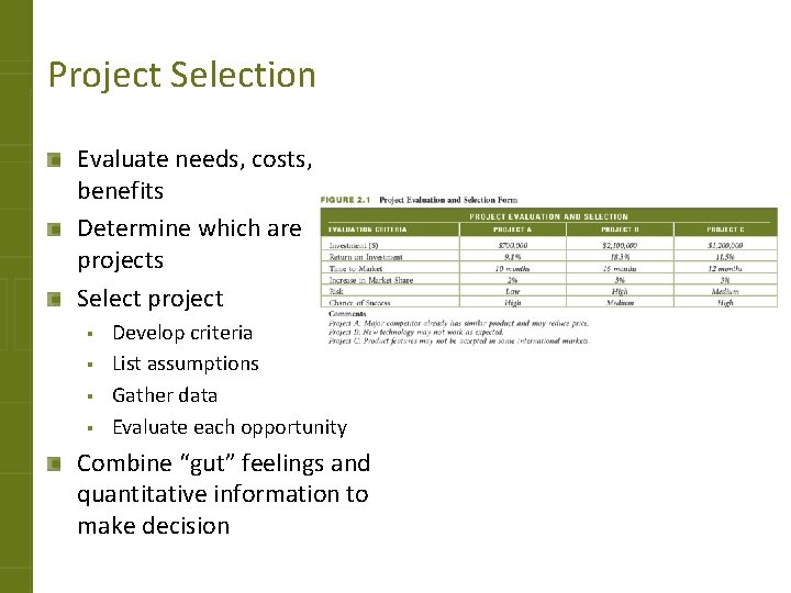 Project Selection Evaluate needs, costs, benefits Determine which are projects Select project § §
