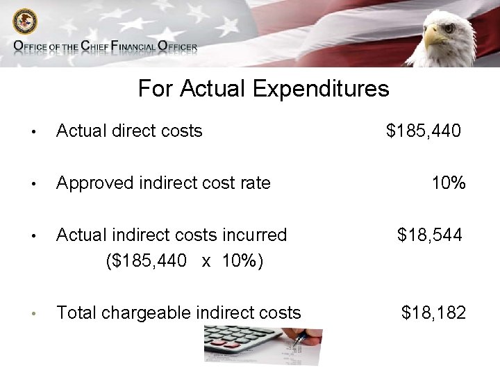 For Actual Expenditures • Actual direct costs $185, 440 • Approved indirect cost rate