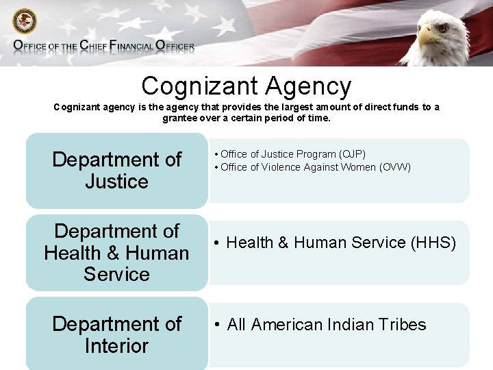 Cognizant Agency Cognizant agency is the agency that provides the largest amount of direct