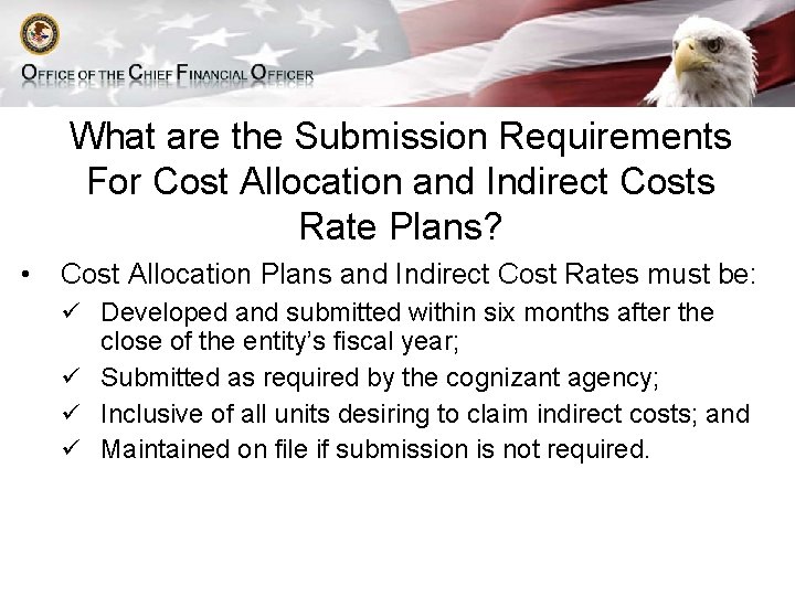 What are the Submission Requirements For Cost Allocation and Indirect Costs Rate Plans? •