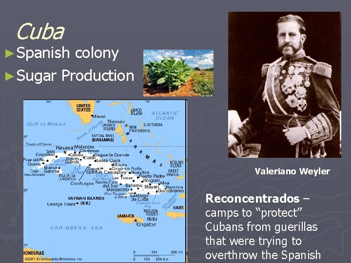 Cuba ► Spanish colony ► Sugar Production Valeriano Weyler Reconcentrados – camps to “protect”