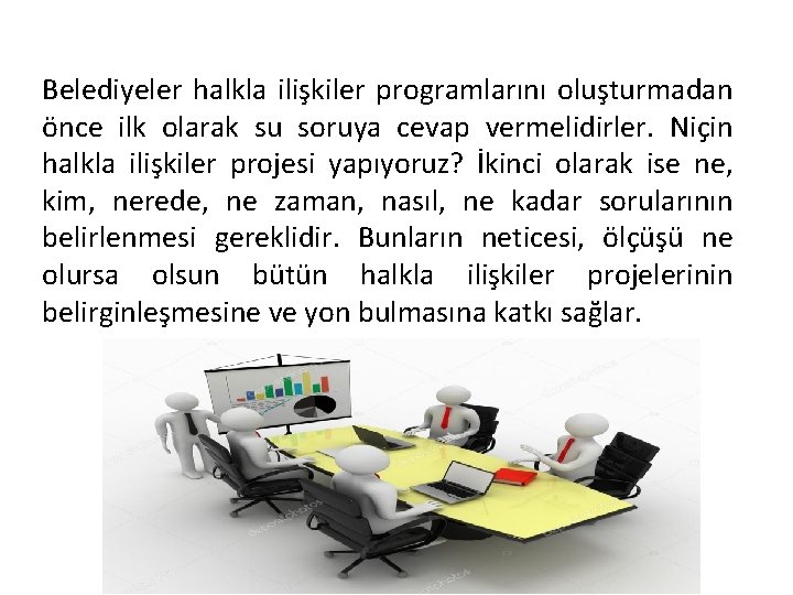 Belediyeler halkla ilişkiler programlarını oluşturmadan önce ilk olarak su soruya cevap vermelidirler. Niçin halkla