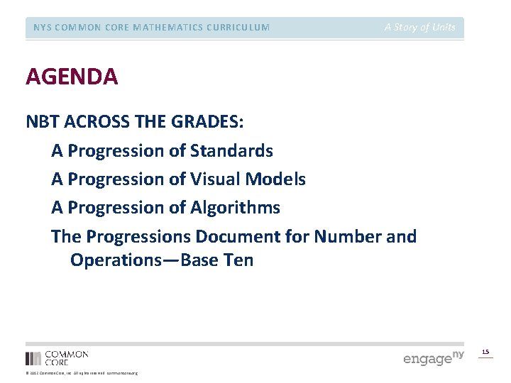 NYS COMMON CORE MATHEMATICS CURRICULUM A Story of Units AGENDA NBT ACROSS THE GRADES: NYS COMMON CORE MATHEMATICS CURRICULUM A Story of Units AGENDA NBT ACROSS THE GRADES: