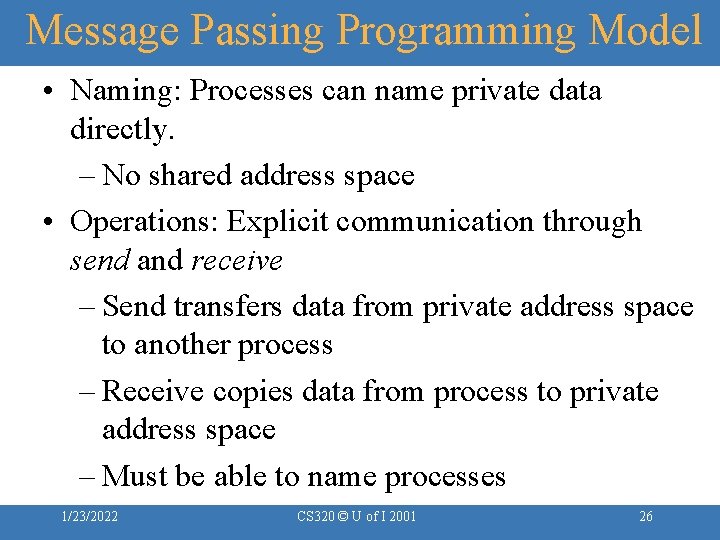 Message Passing Programming Model • Naming: Processes can name private data directly. – No