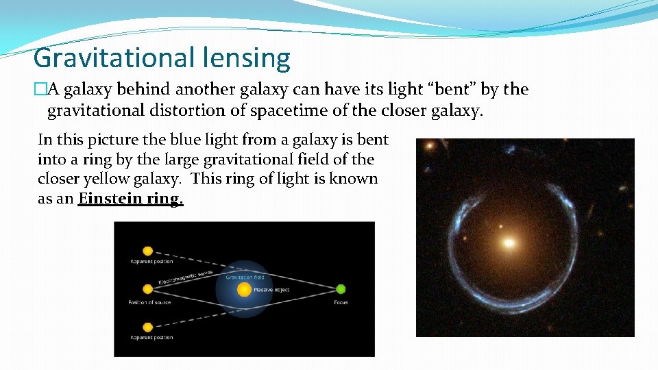 Gravitational lensing �A galaxy behind another galaxy can have its light “bent” by the