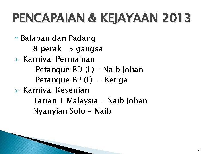 PENCAPAIAN & KEJAYAAN 2013 Balapan dan Padang 8 perak 3 gangsa Ø Karnival Permainan