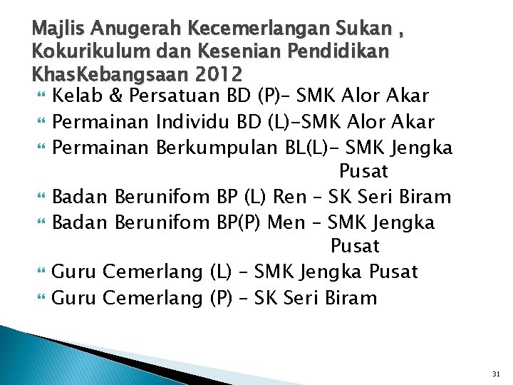 Majlis Anugerah Kecemerlangan Sukan , Kokurikulum dan Kesenian Pendidikan Khas. Kebangsaan 2012 Kelab &
