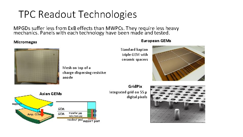 TPC Readout Technologies MPGDs suffer less from Ex. B effects than MWPCs. They require TPC Readout Technologies MPGDs suffer less from Ex. B effects than MWPCs. They require