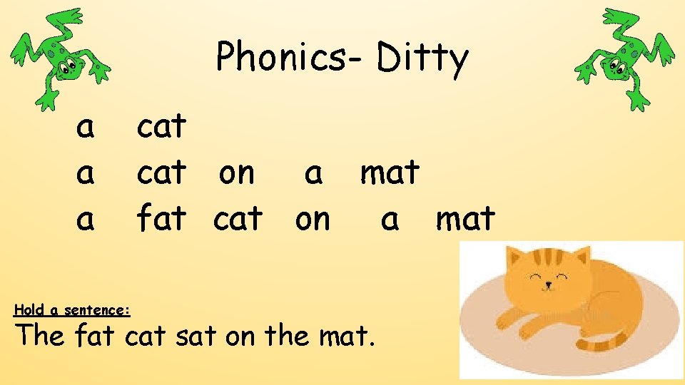 Phonics- Ditty a a a Hold a sentence: cat on a mat fat cat Phonics- Ditty a a a Hold a sentence: cat on a mat fat cat