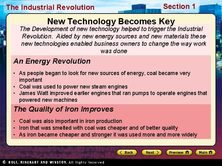 The Industrial Revolution Section 1 New Technology Becomes Key The Development of new technology