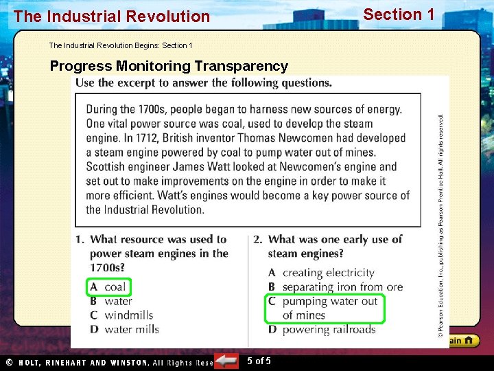 Section 1 The Industrial Revolution Begins: Section 1 Progress Monitoring Transparency 5 of 5