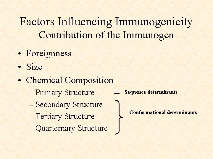 Factors Influencing Immunogenicity Contribution of the Immunogen • Foreignness • Size • Chemical Composition