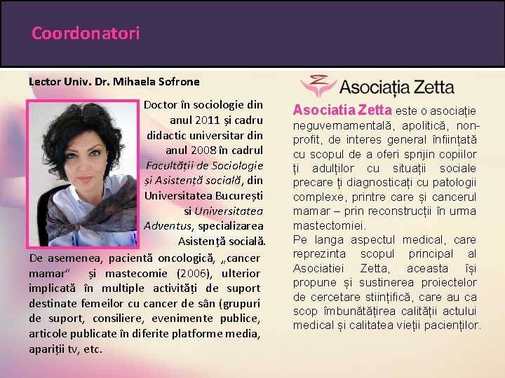 Coordonatori Lector Univ. Dr. Mihaela Sofrone Doctor în sociologie din anul 2011 și cadru