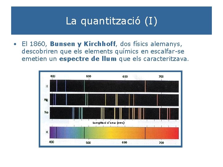 La quantització (I) • El 1860, Bunsen y Kirchhoff, dos físics alemanys, descobriren que La quantització (I) • El 1860, Bunsen y Kirchhoff, dos físics alemanys, descobriren que