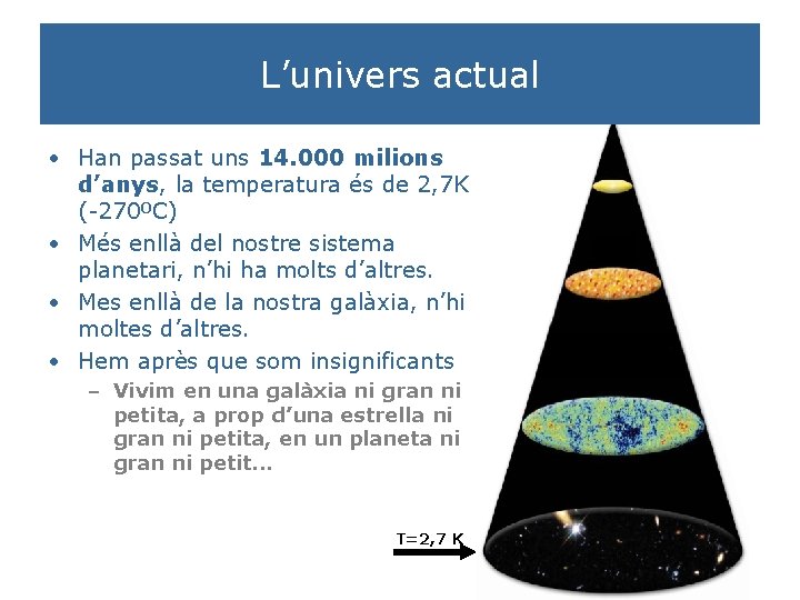 L’univers actual • Han passat uns 14. 000 milions d’anys, la temperatura és de