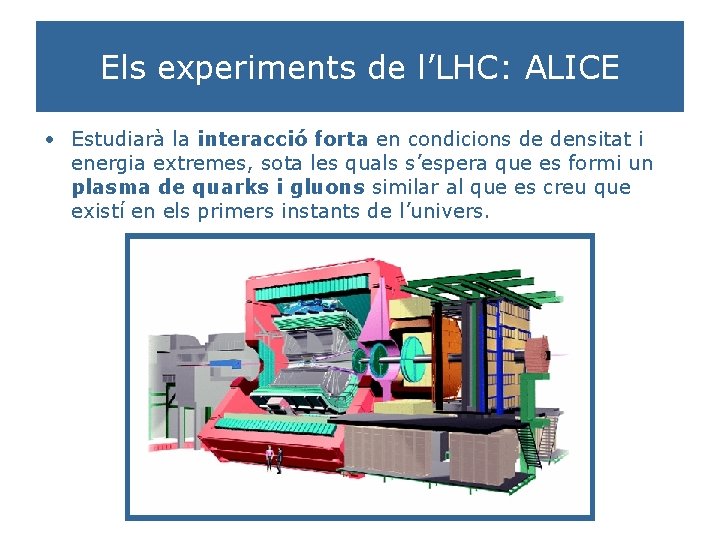 Els experiments de l’LHC: ALICE • Estudiarà la interacció forta en condicions de densitat