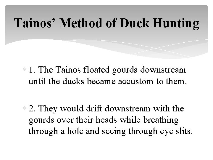 Tainos’ Method of Duck Hunting 1. The Tainos floated gourds downstream until the ducks