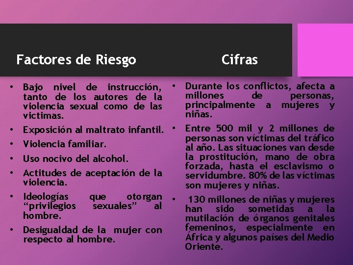 Factores de Riesgo Cifras • Bajo nivel de instrucción, • Durante los conflictos, afecta