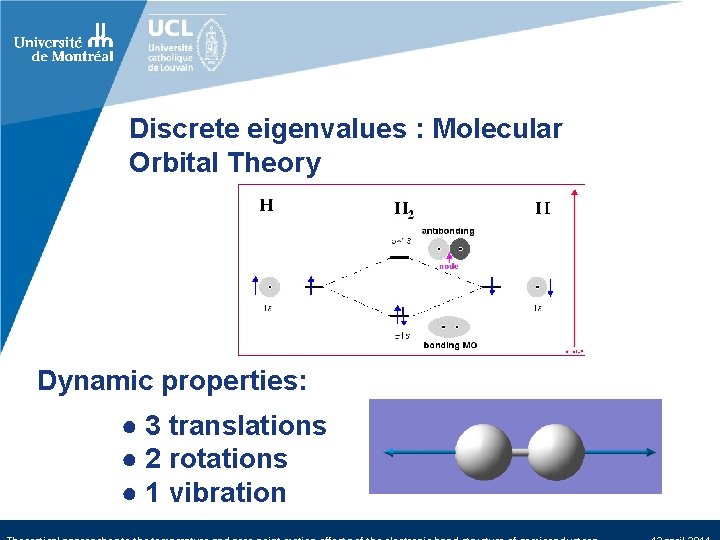 Discrete eigenvalues : Molecular Orbital Theory Dynamic properties: ● 3 translations ● 2 rotations