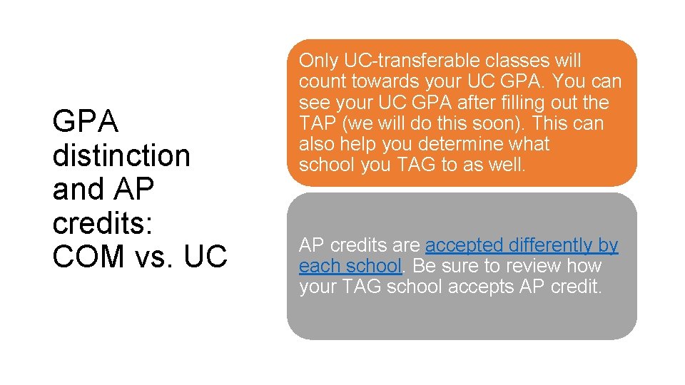 GPA distinction and AP credits: COM vs. UC Only UC-transferable classes will count towards