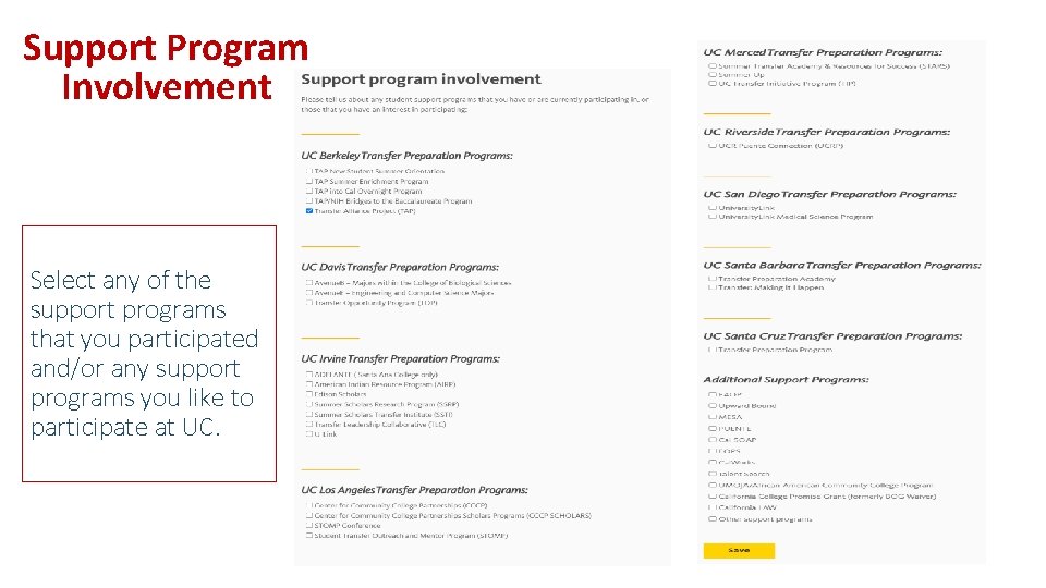 Support Program Involvement Select any of the support programs that you participated and/or any