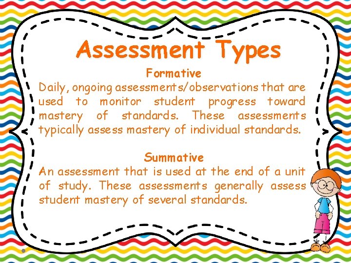 Assessment Types Formative Daily, ongoing assessments/observations that are used to monitor student progress toward