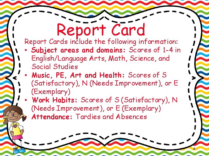 Report Cards include the following information: • Subject areas and domains: Scores of 1