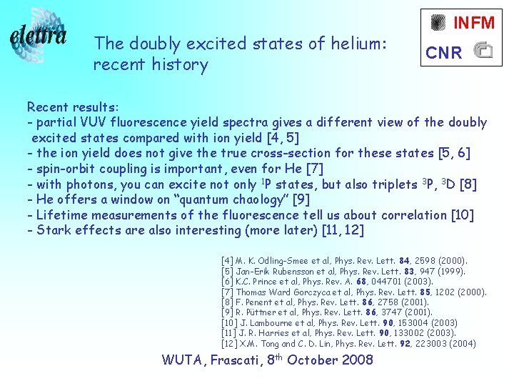 The doubly excited states of helium: recent history INFM CNR Recent results: - partial