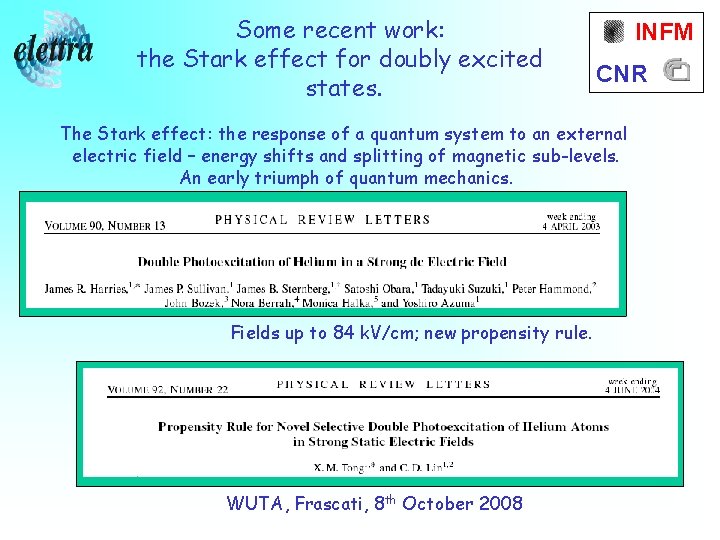 Some recent work: the Stark effect for doubly excited states. INFM CNR The Stark