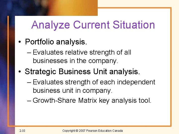 Analyze Current Situation • Portfolio analysis. – Evaluates relative strength of all businesses in