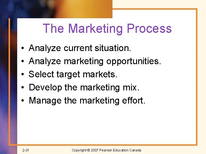 The Marketing Process • • • Analyze current situation. Analyze marketing opportunities. Select target